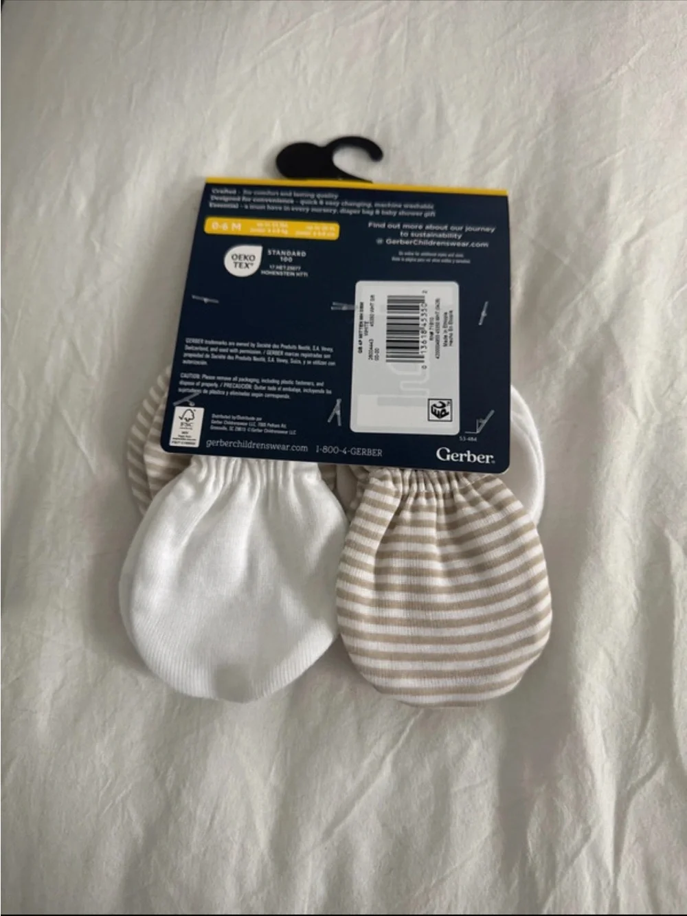Gerber Baby Mittens 4-Pack - White & Beige Stripes